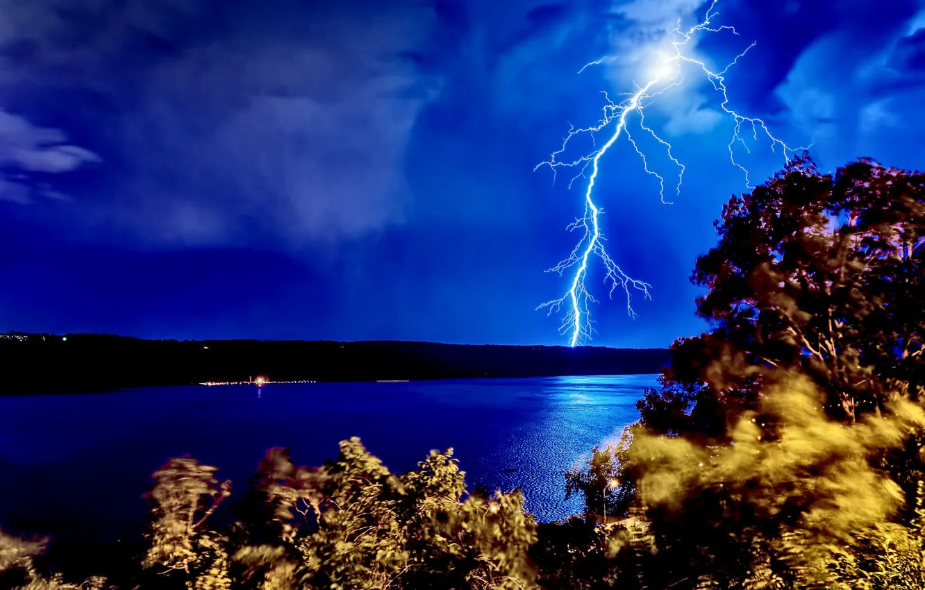 Фото обои ночь, река, молния, буря, Нью-Джерси, Гудзон