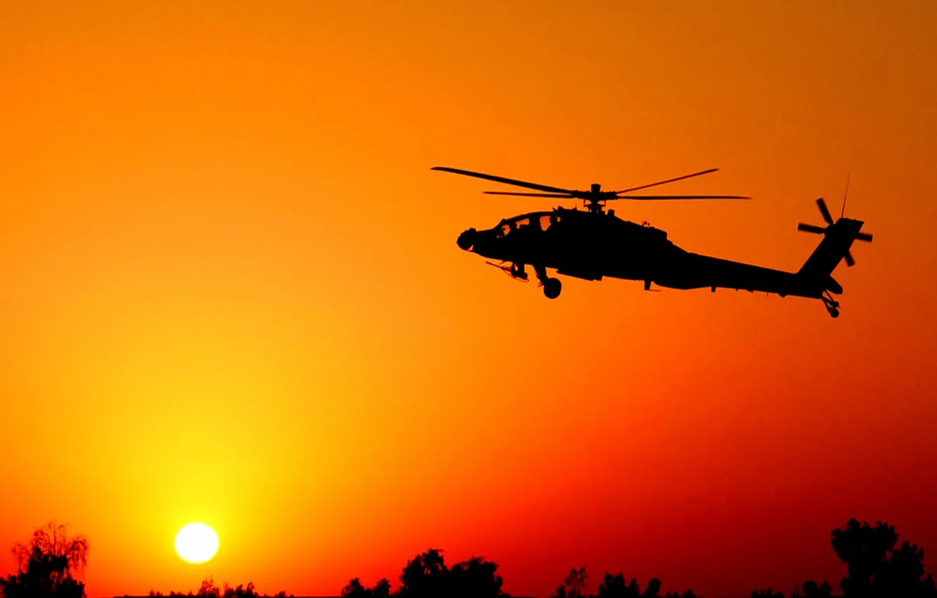 Фото обои закат, силуэт, вертолет, Apache, красное марево, АН-64А