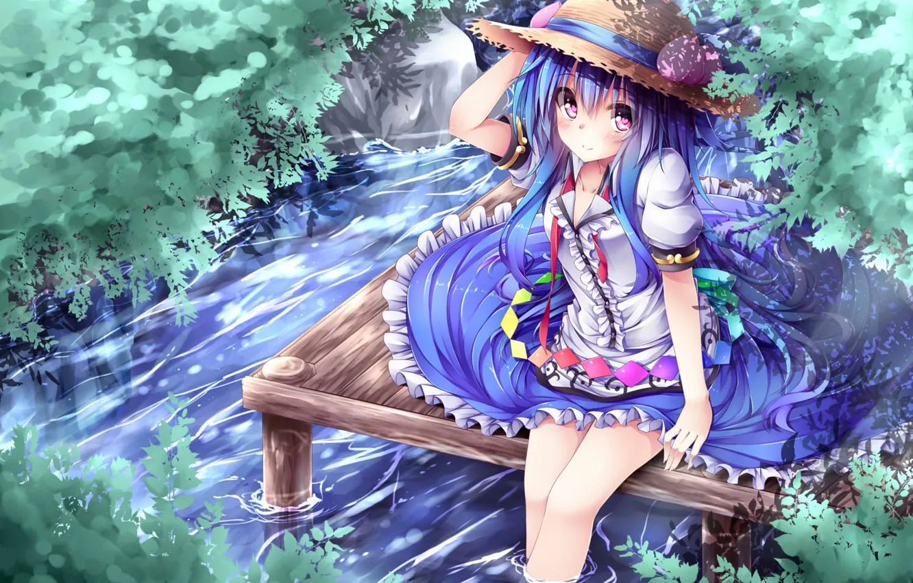 Фото обои лето, вода, девушка, природа, шляпа, платье, Аниме, длинные волосы