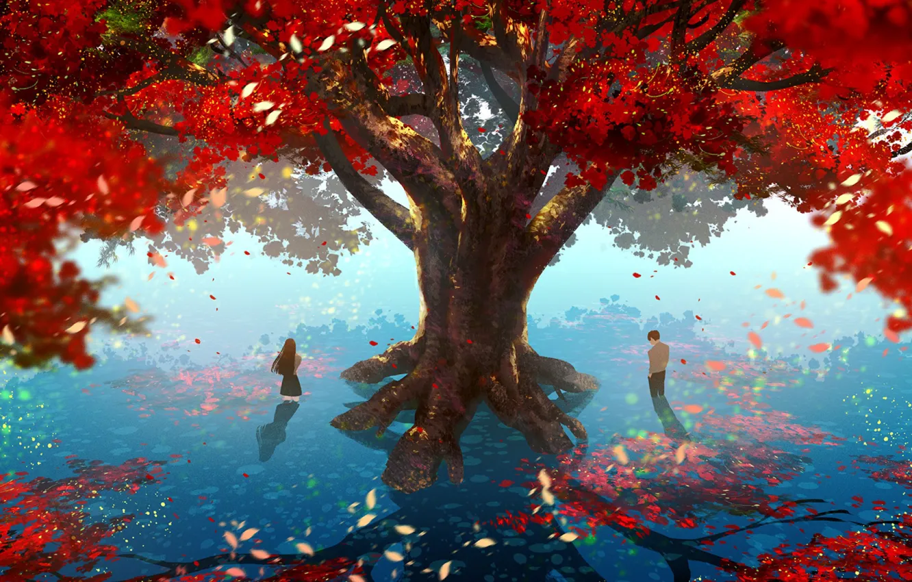 Фото обои тень, свидание, солнечный день, в воде, art, школьники, красные листья, большое дерево