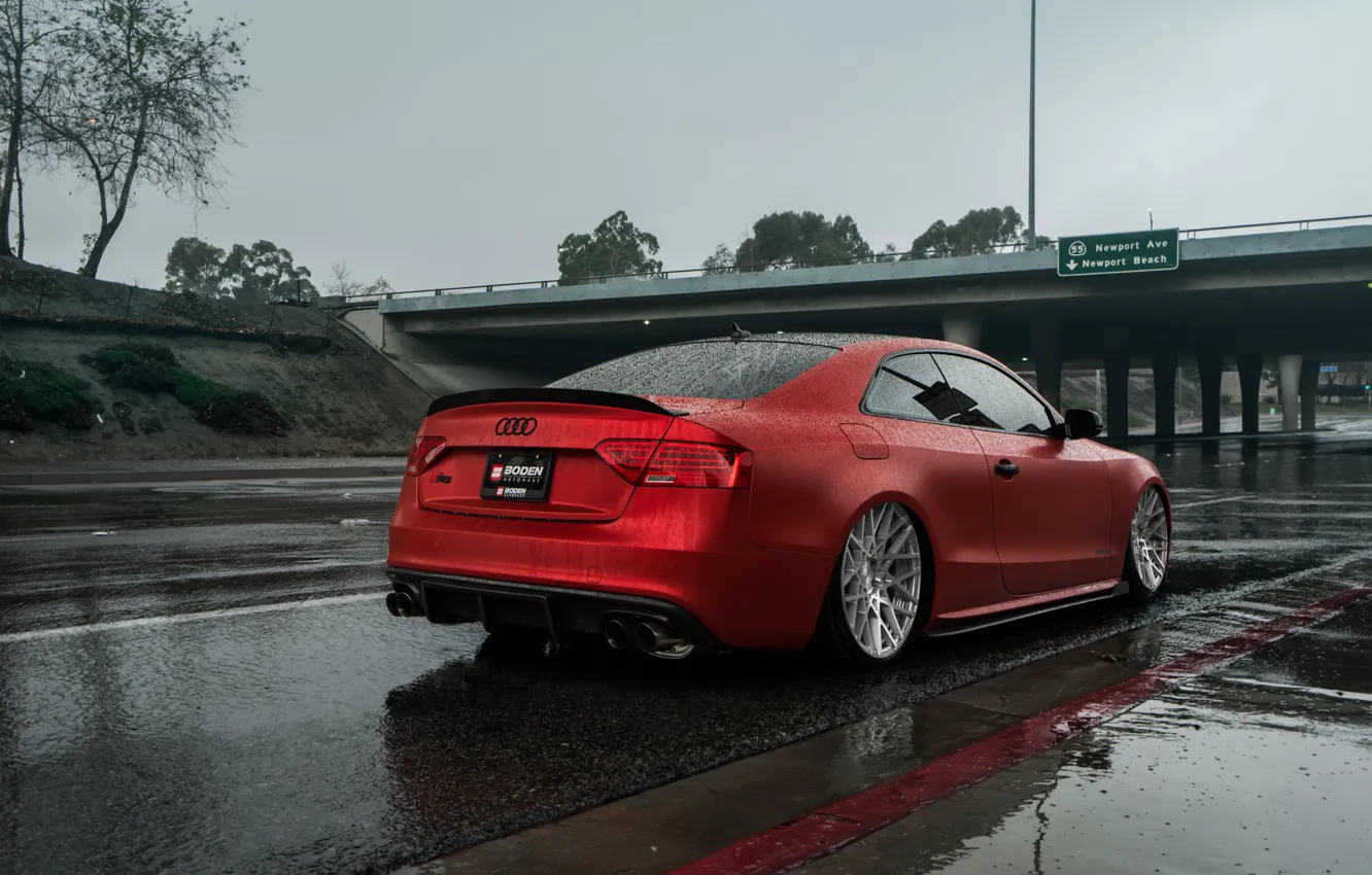 Фото обои Audi, Red, Bridge, Rain, Road, Audi S5, Stance, Rear