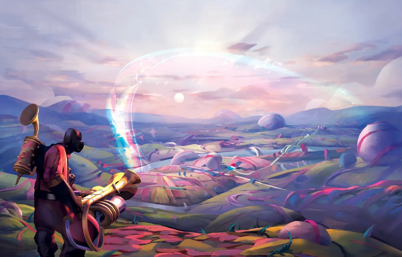 Фото обои фиолетовый, облака, круги, горы, полосы, ленты, река, оружие