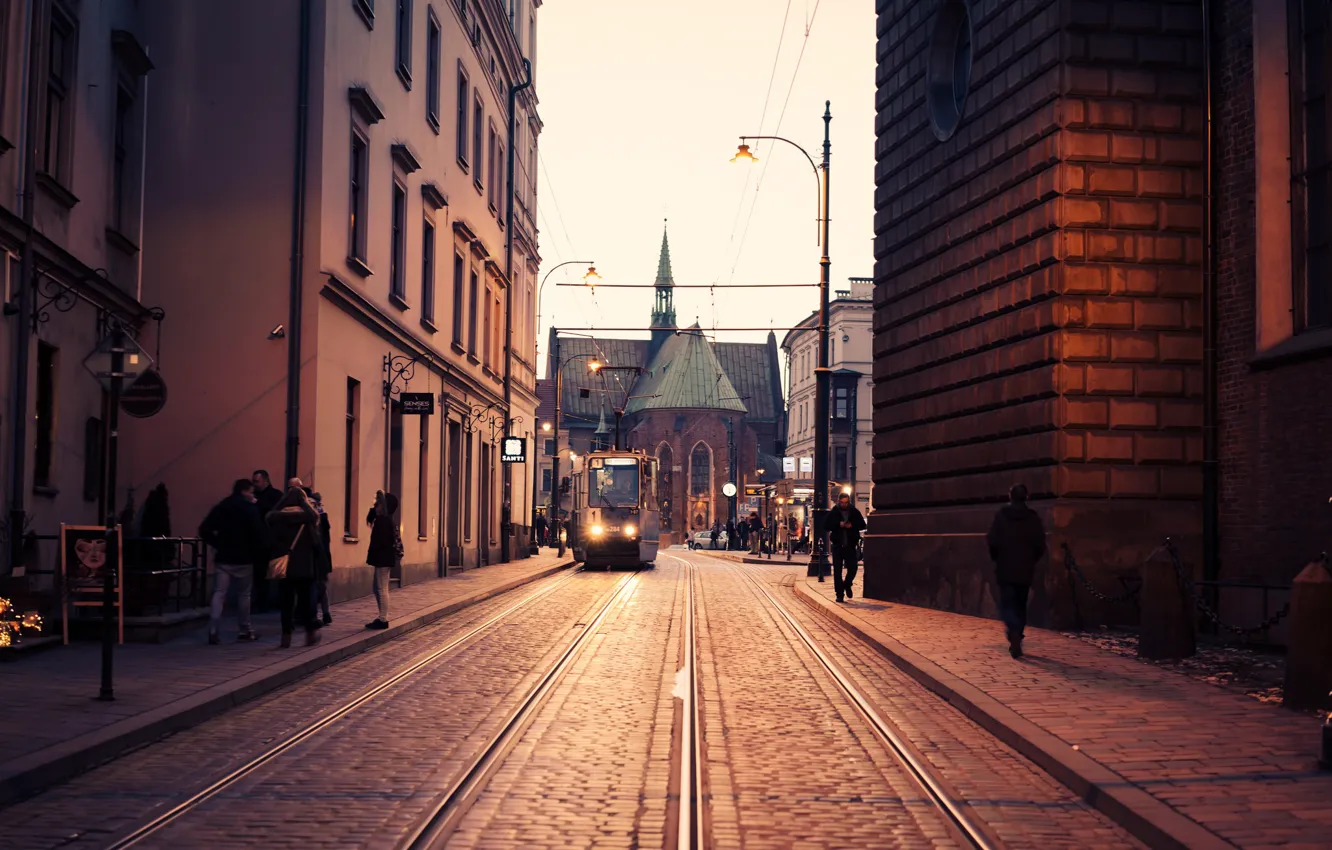 Фото обои cathedral, street, people, Poland, tram, church, Kraków