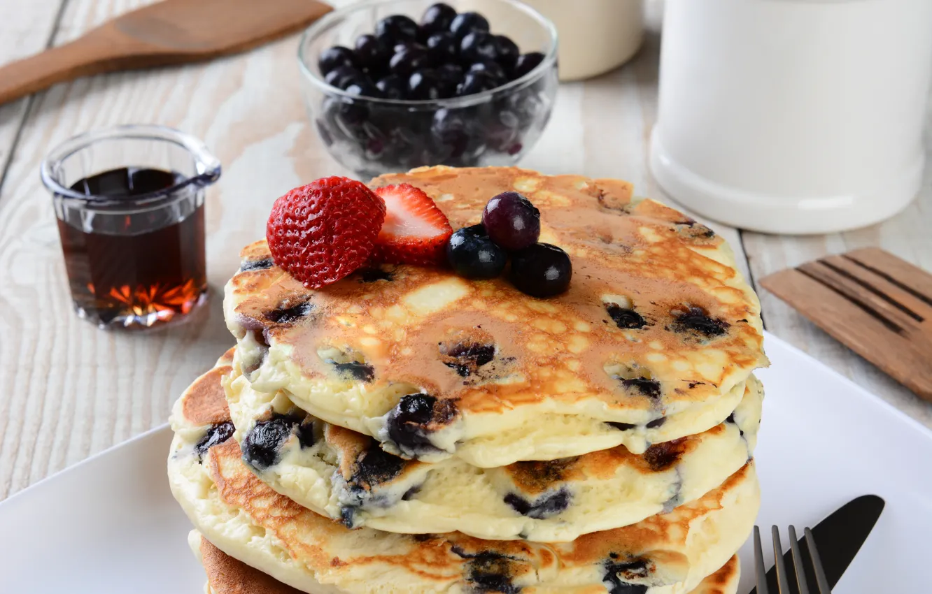 Фото обои ягоды, черника, блины, выпечка, berries, breakfast, pancakes
