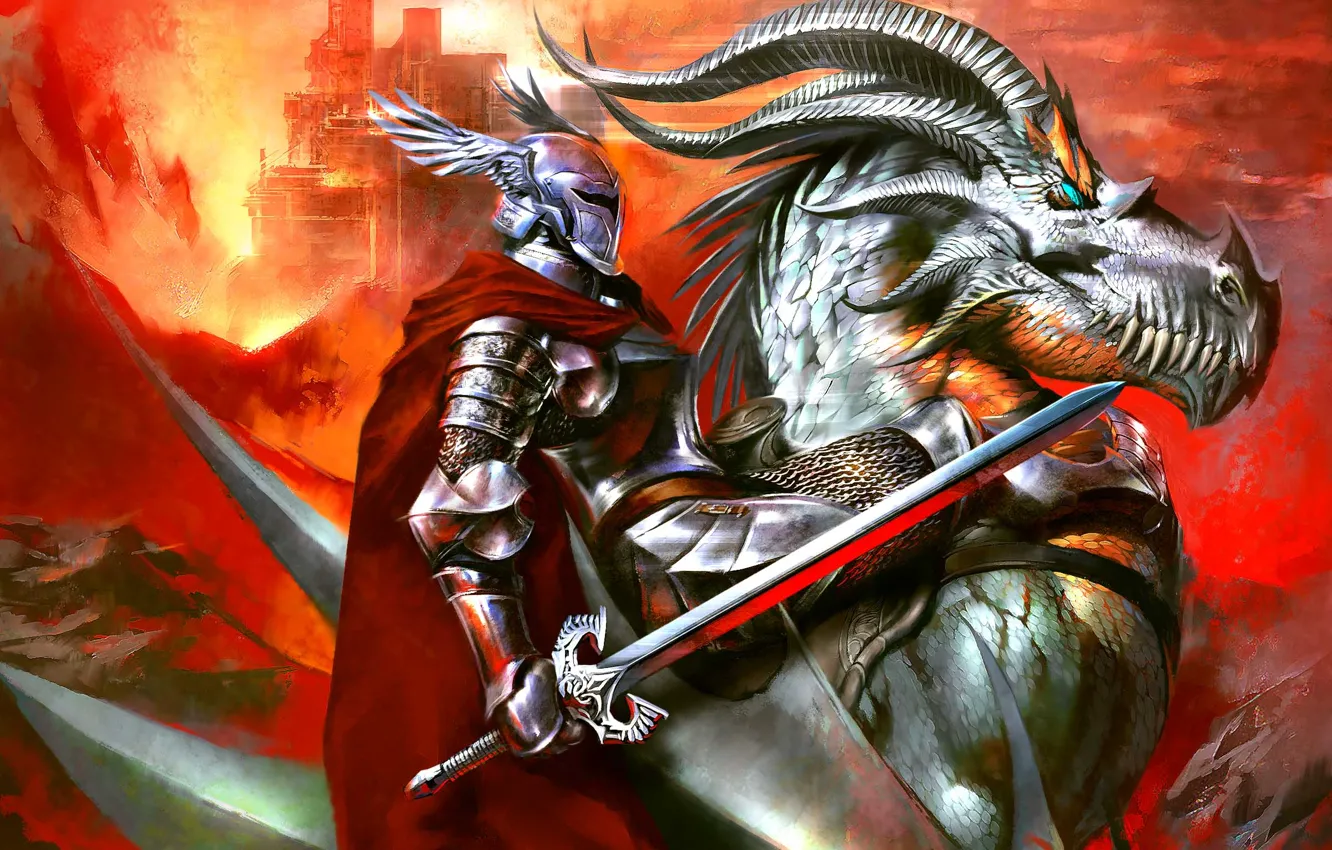 Фото обои дракон, меч, доспехи, Рыцарь, верхом