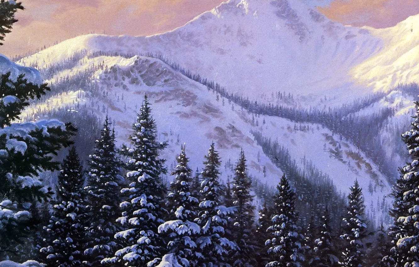 Фото обои зима, снег, горы, елки, картина, день