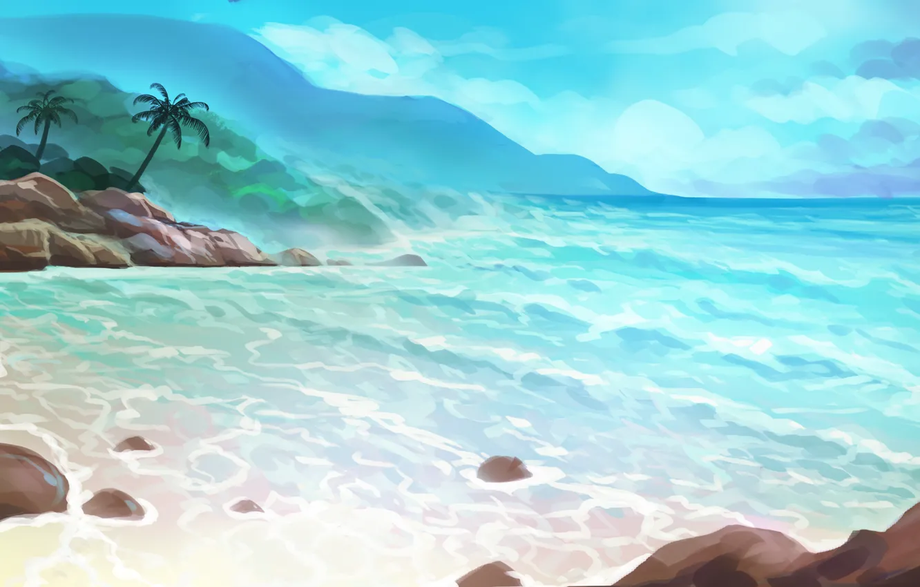 Фото обои море, лето, пальмы, остров, арт, нарисованный пейзаж