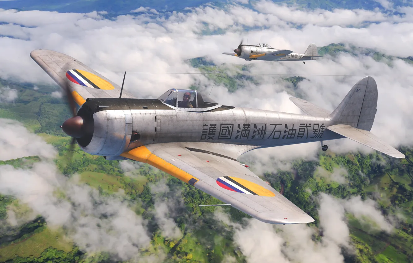 Фото обои Облака, Япония, Полет, Арт, Сапсан, Nakajima Ki-43 Hayabusa, Peregrine falcon, Наземного базирования