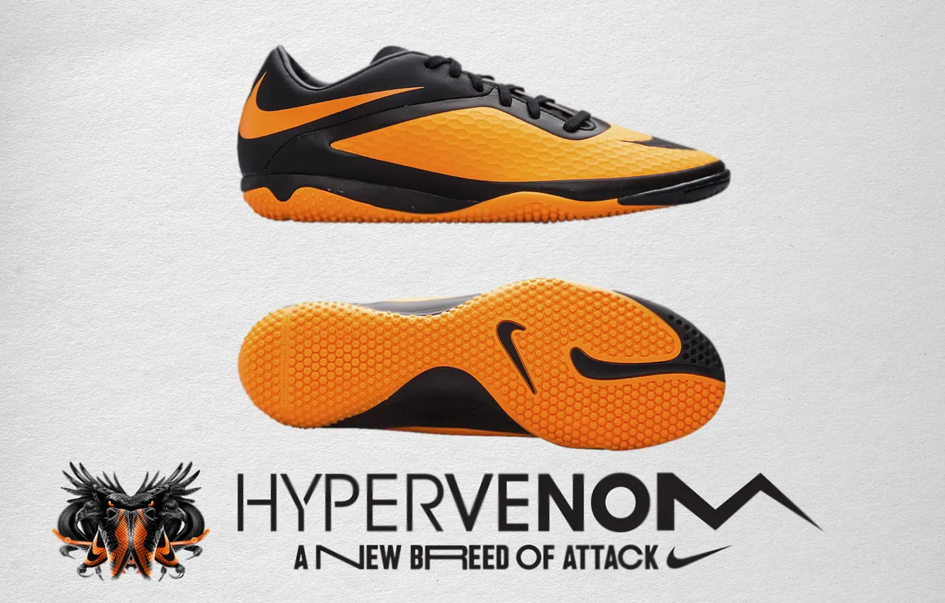 Фото обои nike, shoes, black-orange, futsal, hypervenom