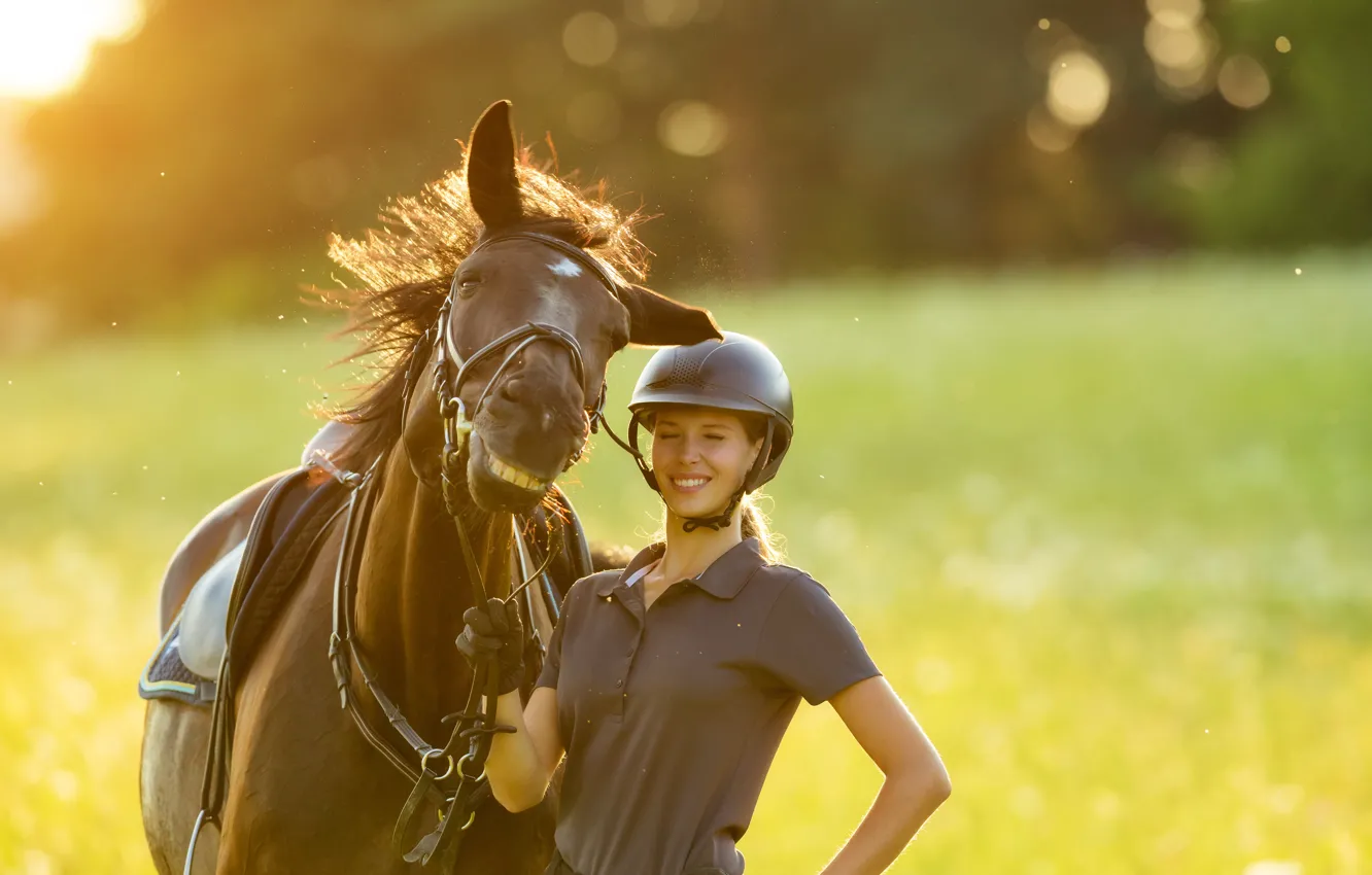Фото обои Девушка, Лошадь, Шлем, Двое, Horse, Молодая женщина, Good mood, Young woman