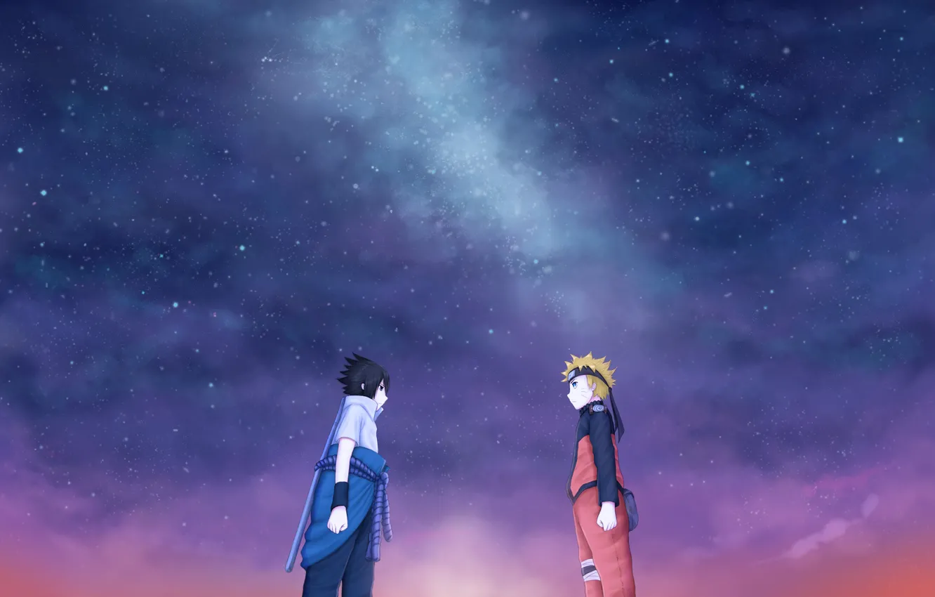 Фото обои друзья, naruto, art, sasuke, звездное небо, juneau