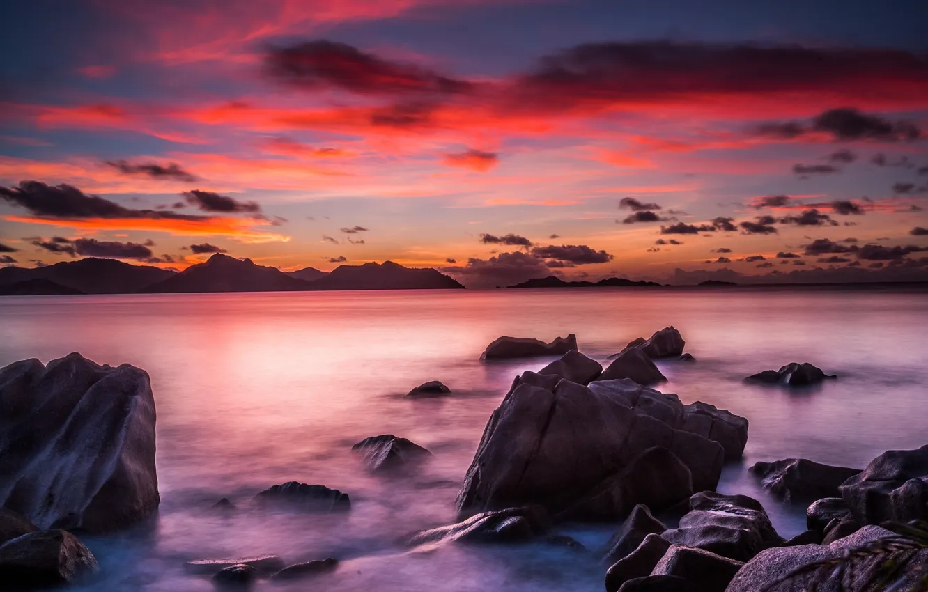 Фото обои море, пейзаж, закат, тропики, камни