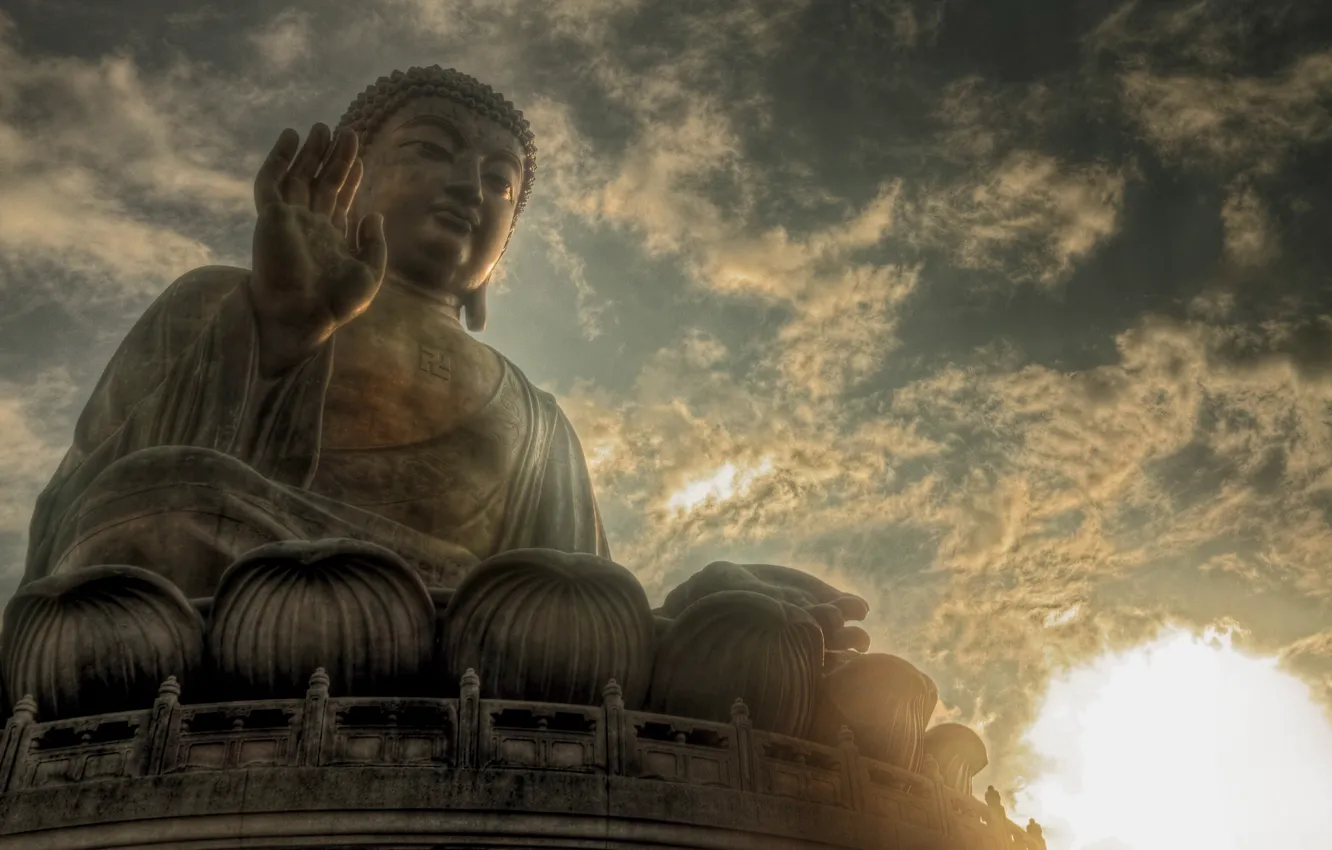 Фото обои небо, солнце, облака, статуя, Будда