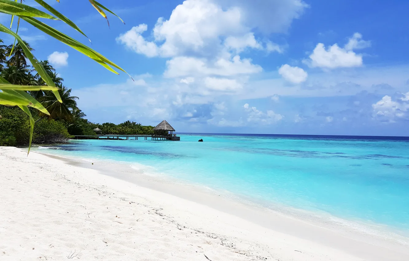 Фото обои небо, тропики, пальмы, океан, остров, белый песок, Мaldives