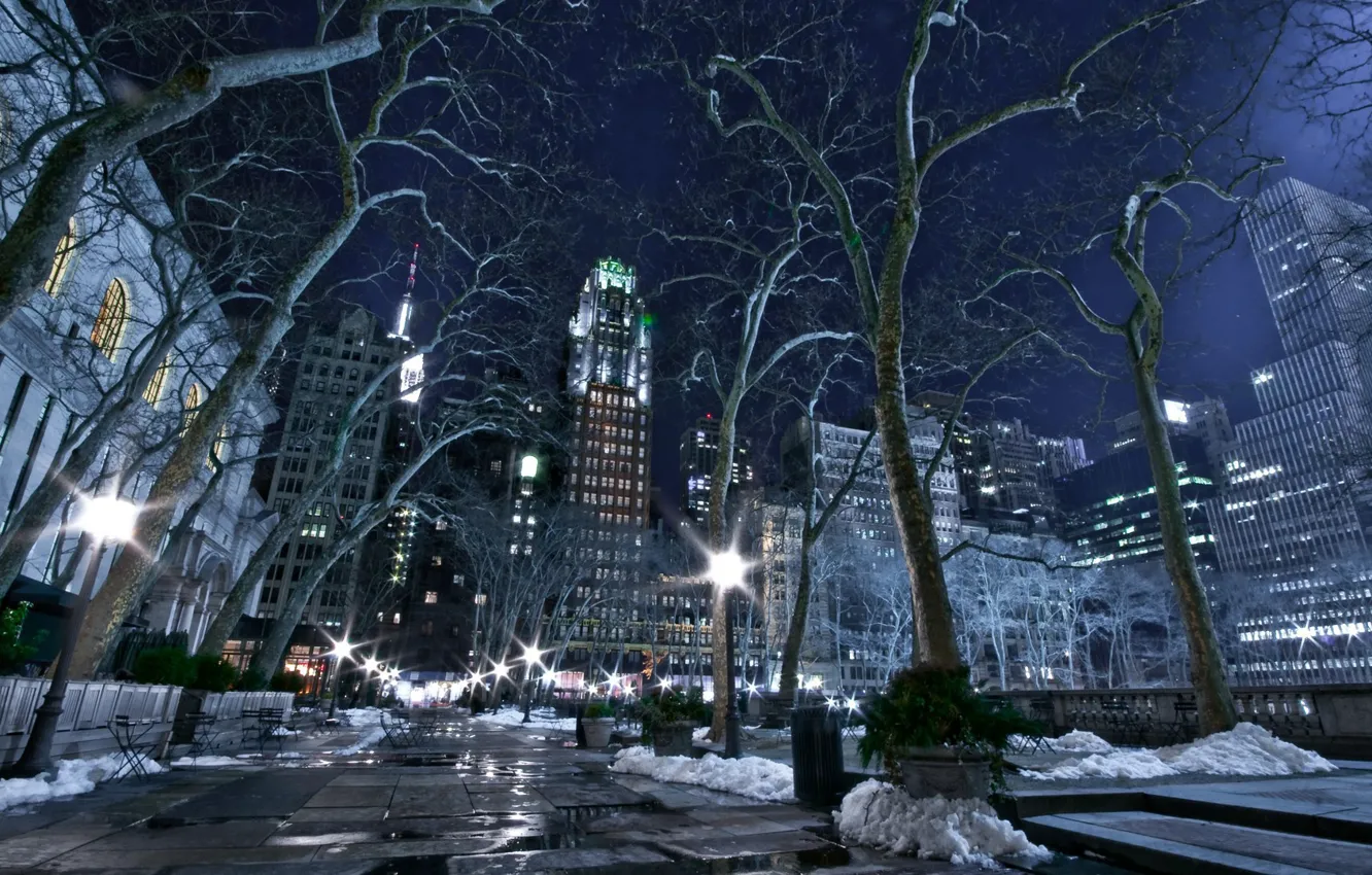 Фото обои city, lights, USA, road, trees, night, New York, NYC