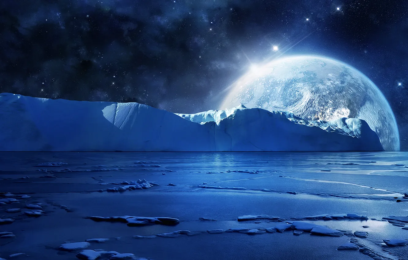 Фото обои холод, лед, море, вода, звезды, ночь, планета, льды