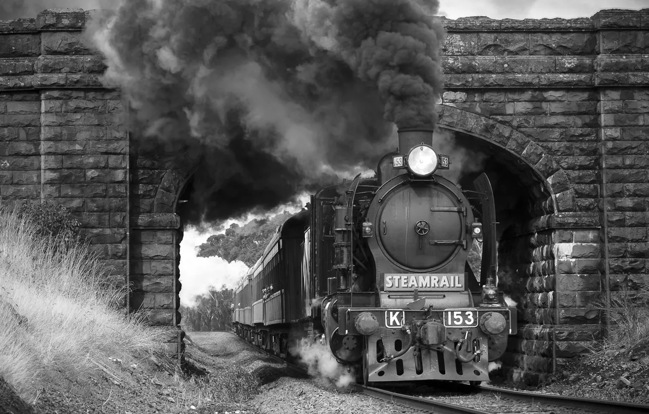 Фото обои мост, дым, паровоз, Поезд, черно-белое