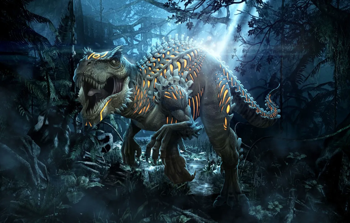 Фото обои Лес, Ящер, Динозавр, Art, Dinosaur, T-Rex, Forest, Тираннозавр