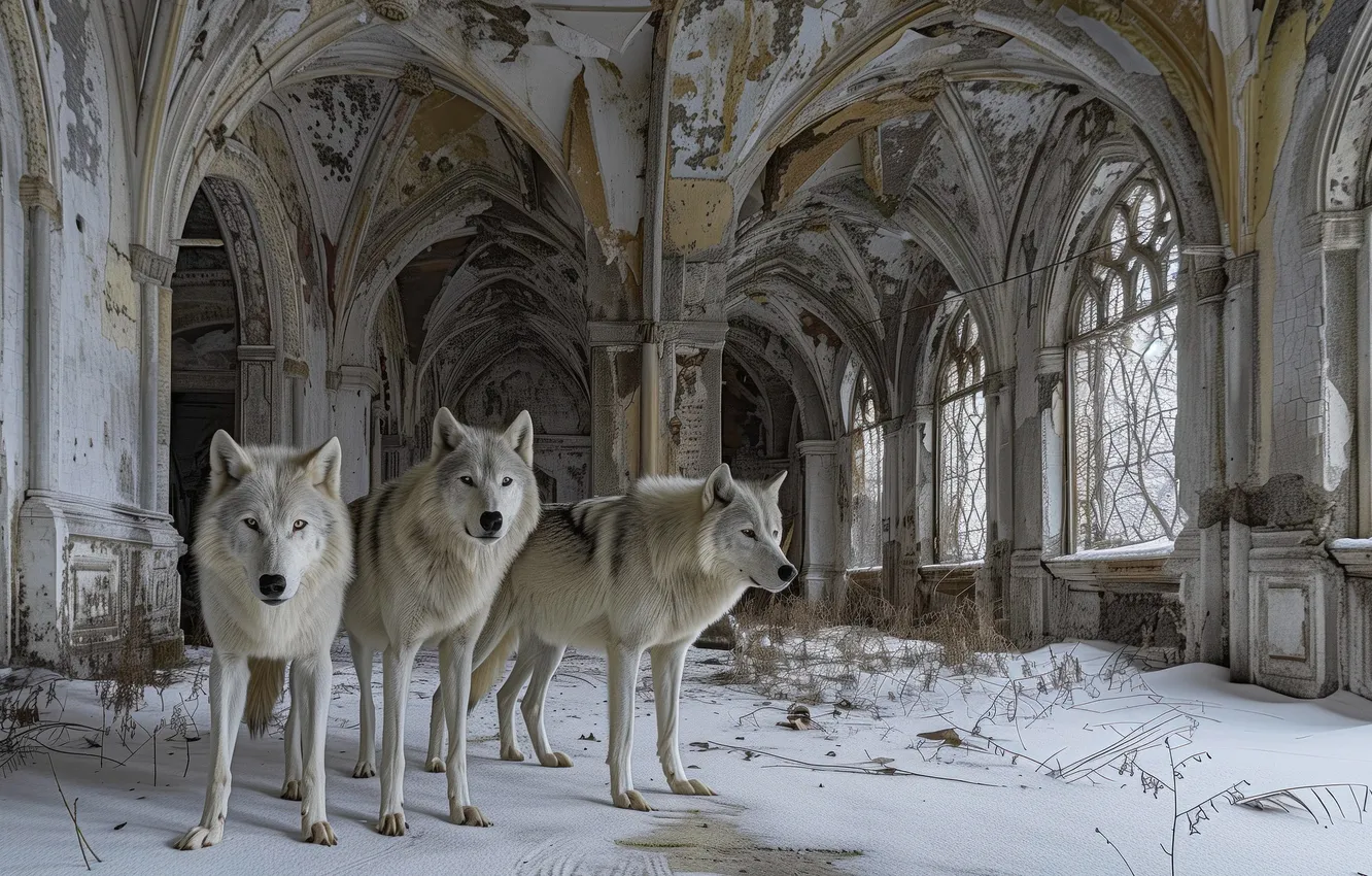 Фото обои снег, здание, волки, разруха, трио, троица, нейросеть