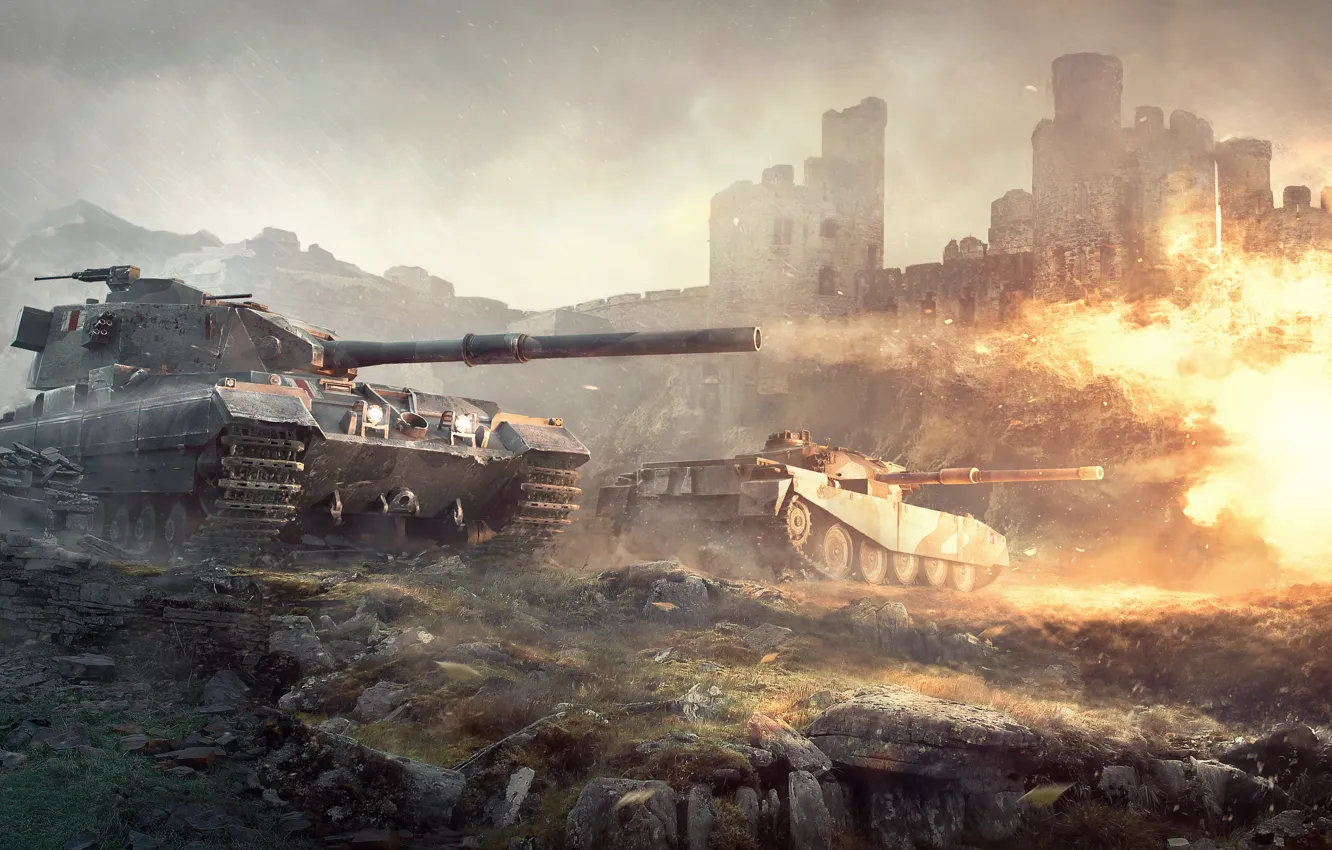Фото обои замок, пламя, выстрел, танки, World of tanks, WoT, мир танков, британские