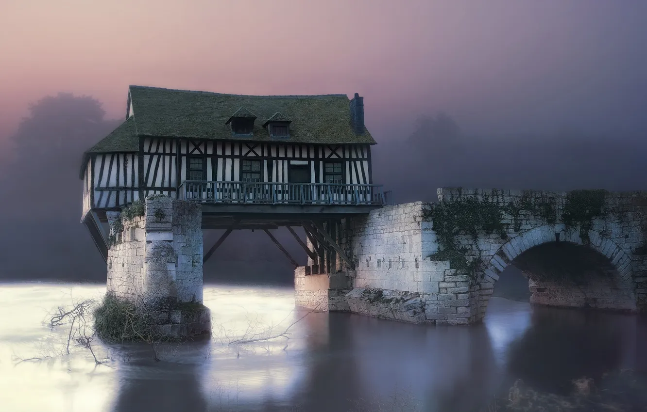 Фото обои house, river, landscape, nature, bridge, fog, sunrise, architecture