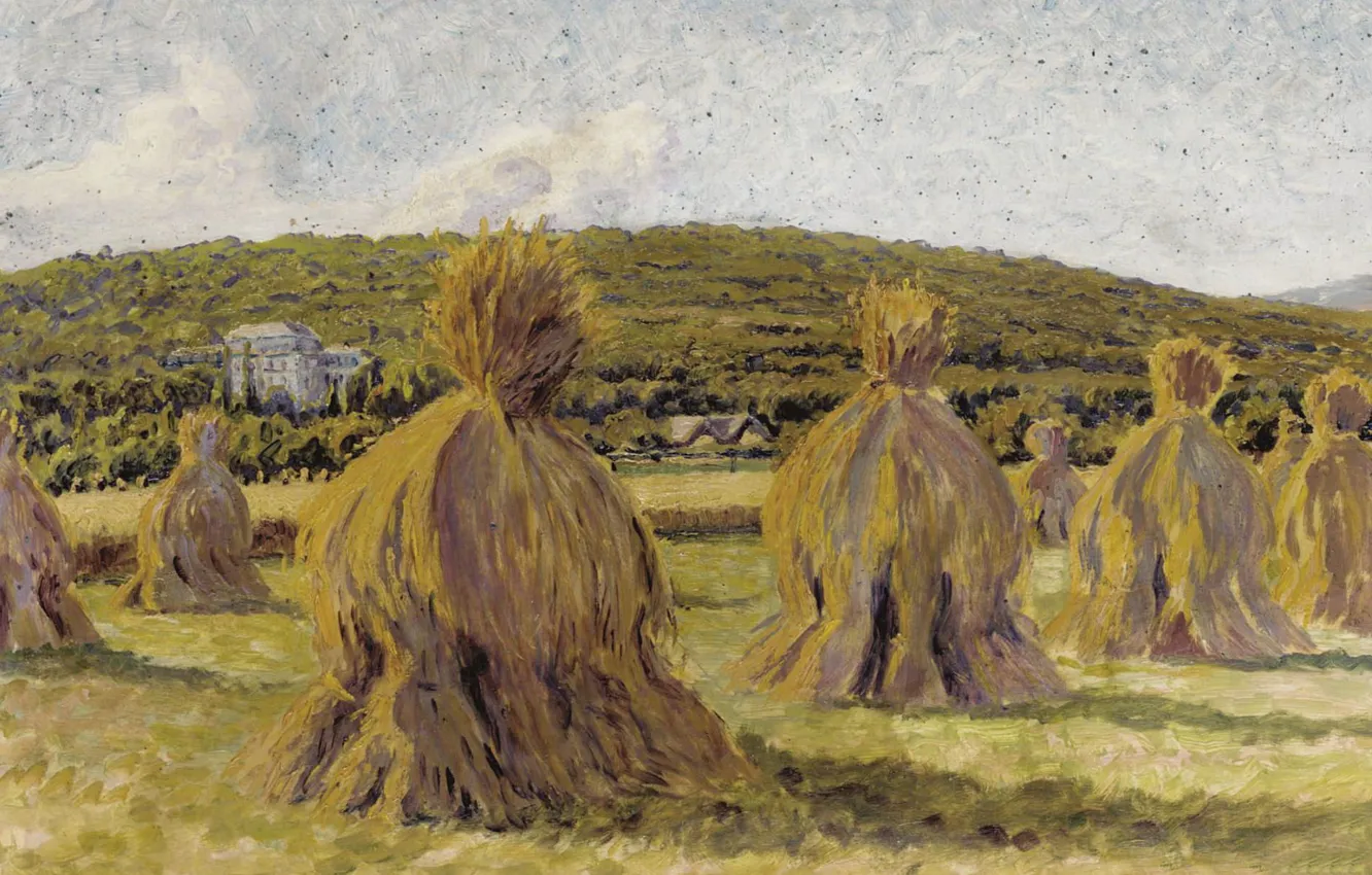 Фото обои поле, пейзаж, картина, солома, Gustave Cariot, Стога, Гюстав Карио
