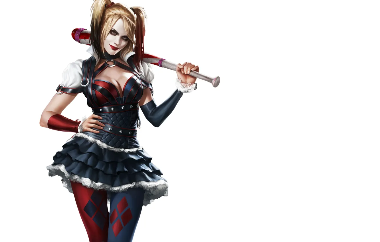 Фото обои взгляд, фон, арт, костюм, бита, злодейка, Harley Quinn. игра
