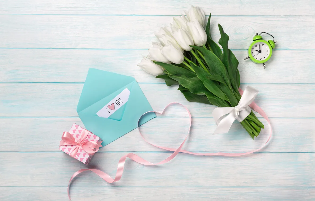 Фото обои цветы, букет, тюльпаны, love, white, белые, i love you, heart