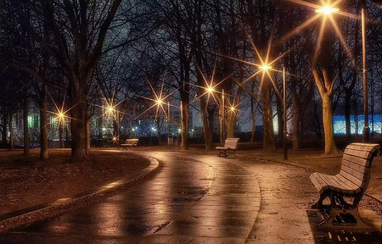 Фото обои вечер, фонари, аллея, скамья