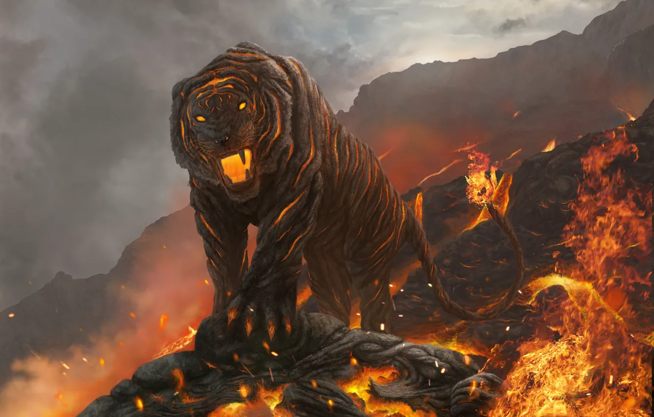Фото обои кошка, горы, тигр, огонь, арт, пасть, лава