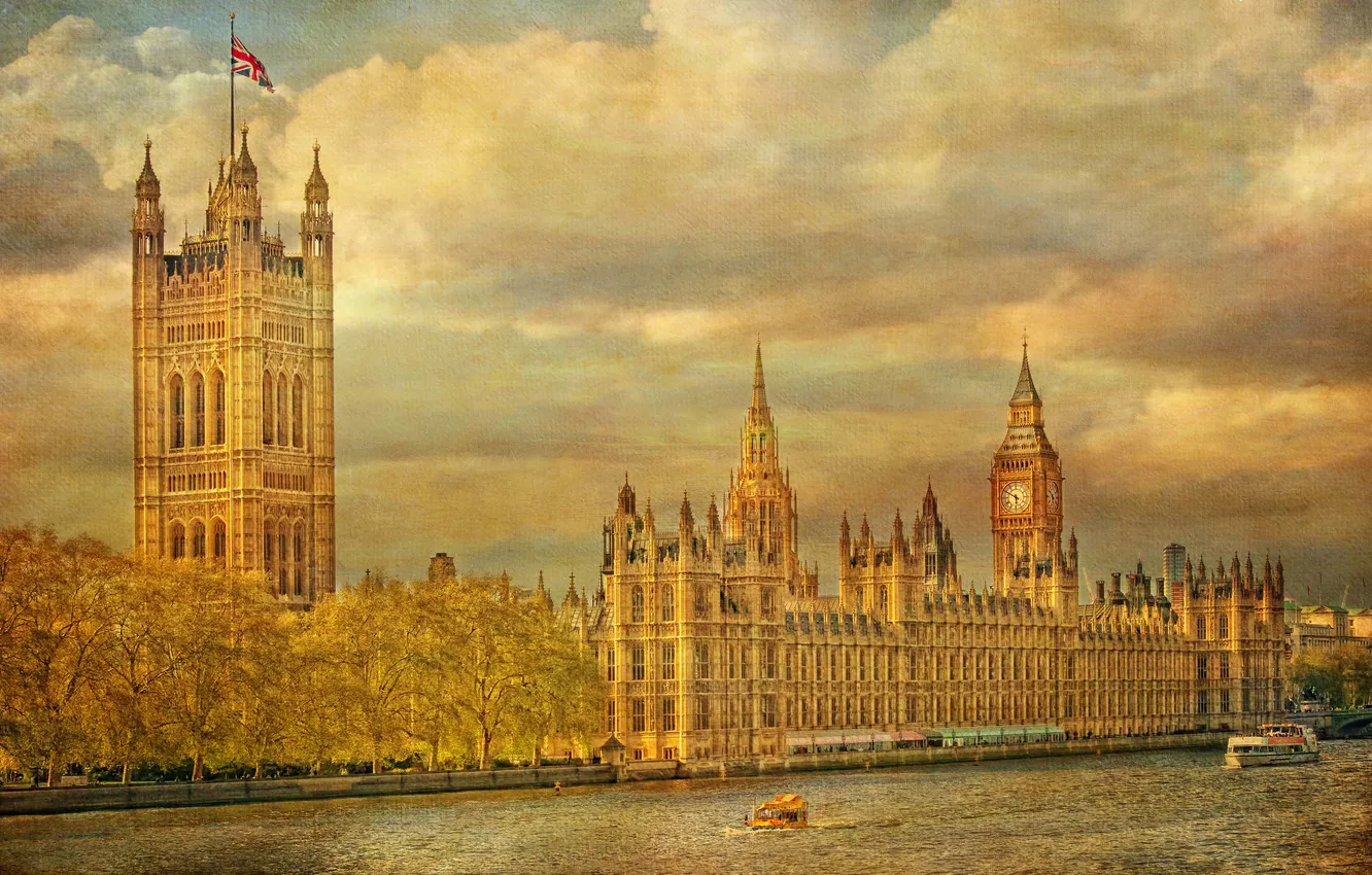 Фото обои небо, река, часы, Англия, Лондон, башня, Темза, парламент