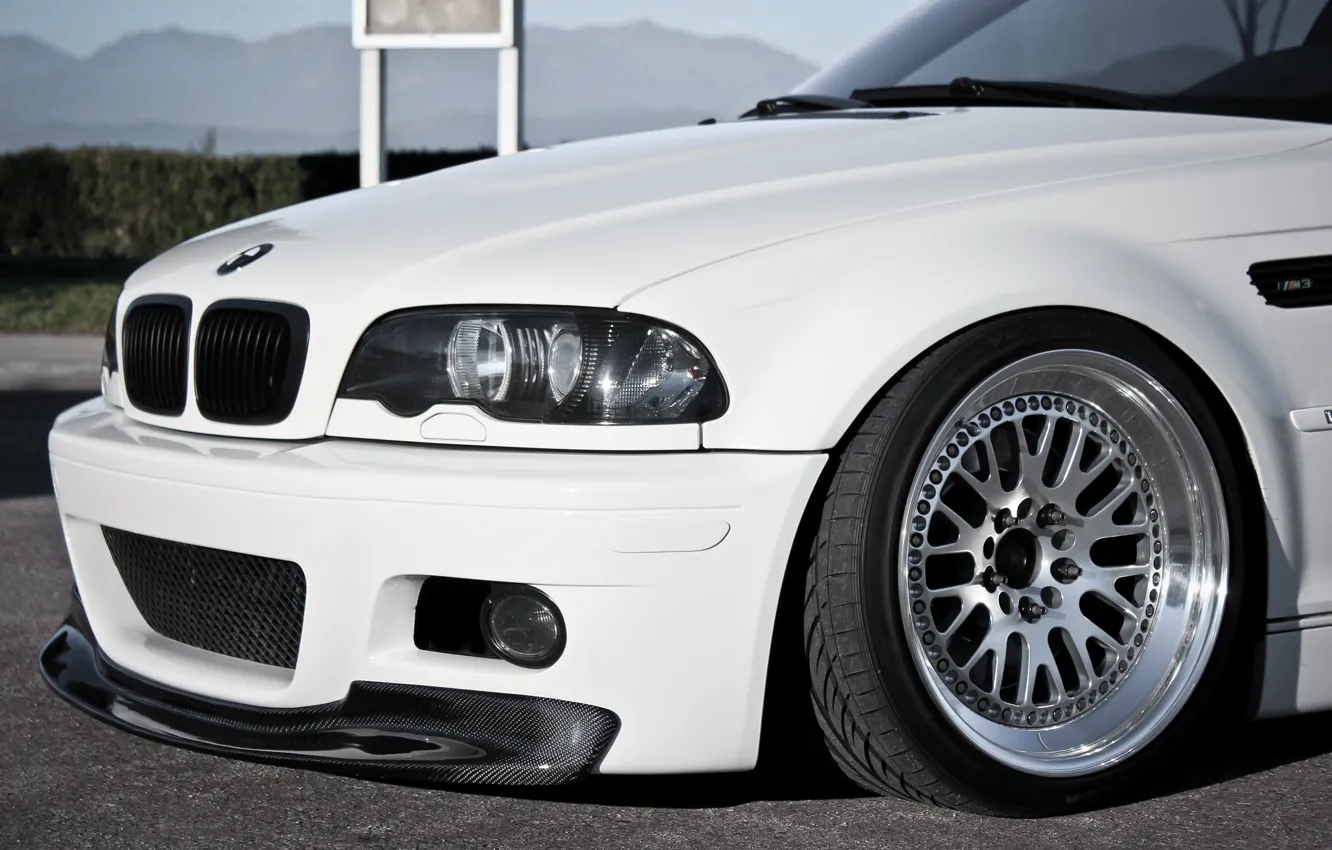Фото обои белый, бмв, фара, колесо, BMW, white, E46