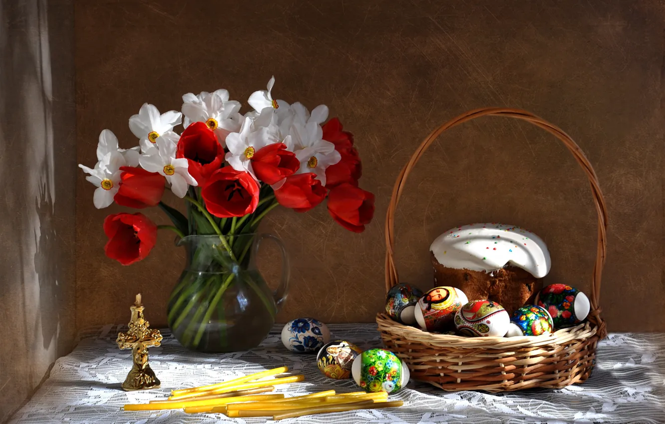Фото обои цветы, праздник, букет, весна, пасха, тюльпаны, натюрморт, кулич