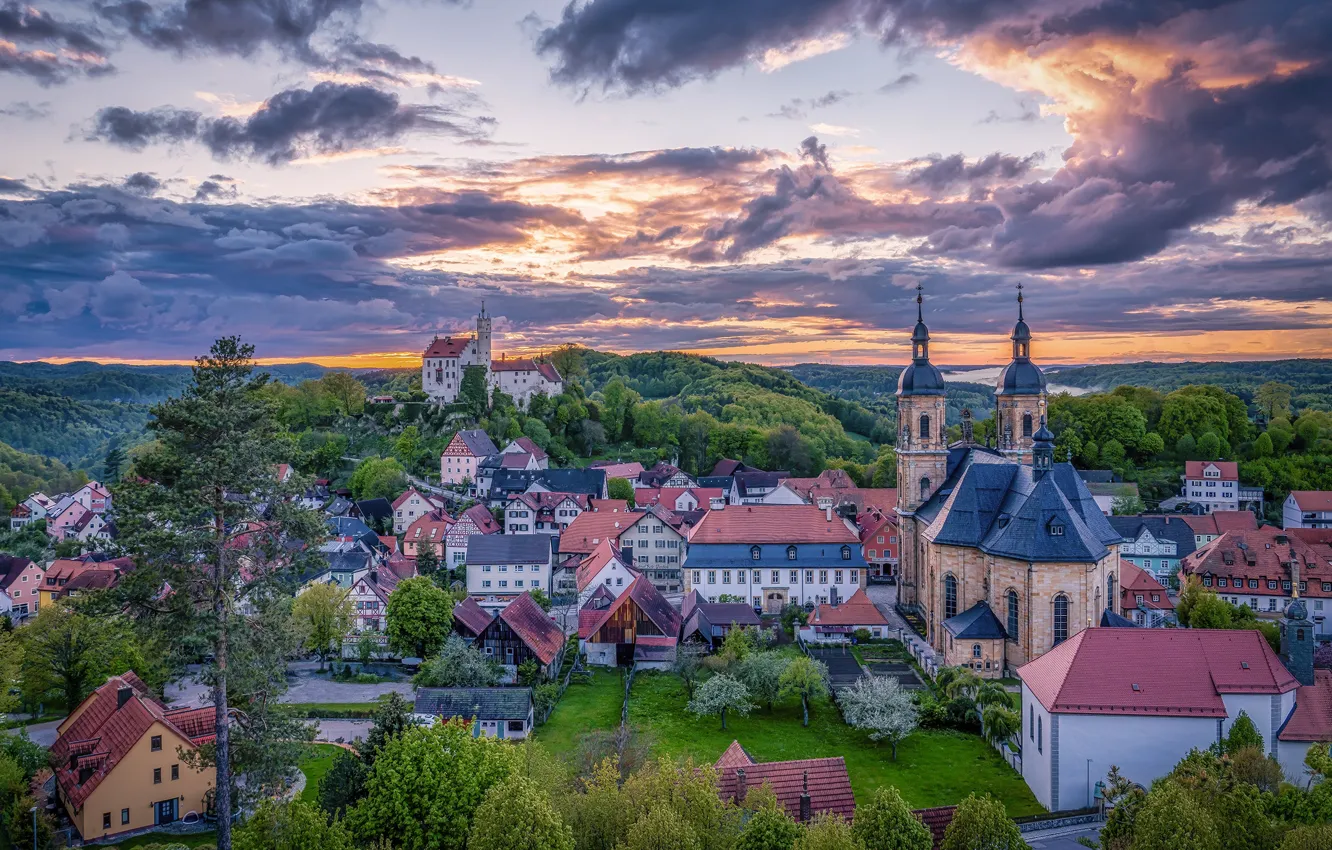 Фото обои деревья, замок, здания, дома, Германия, Бавария, церковь, Germany