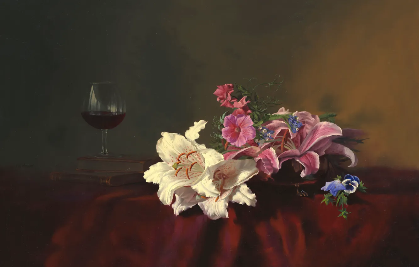 Фото обои цветы, стол, вино, лилии, бокал, книги, картина, натюрморт
