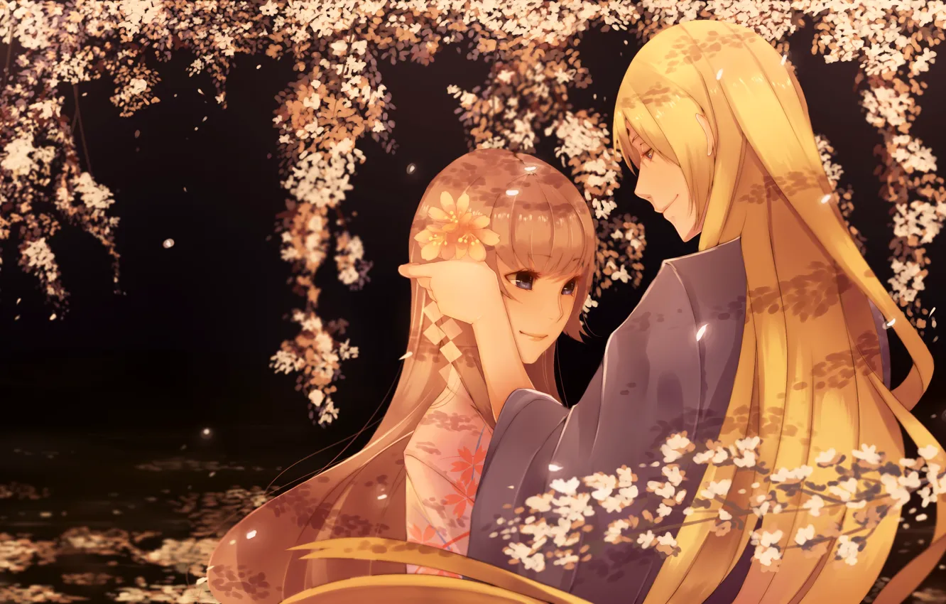 Фото обои девушка, ночь, ветки, сакура, Парень, свидание, цветение, длинные волосы