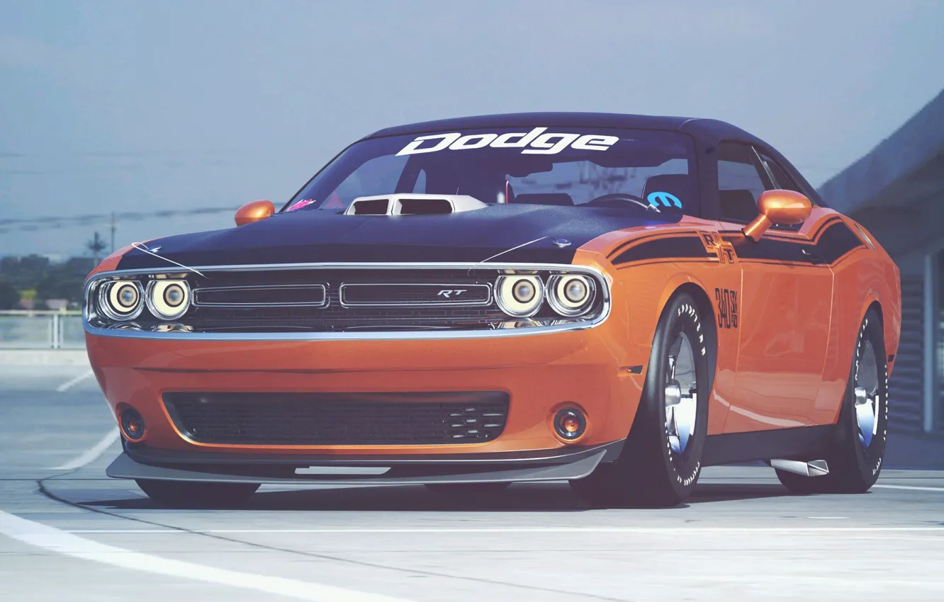 Фото обои Авто, Машина, Оранжевый, Dodge, Challenger, Dodge Challenger, Muscle car, Рендеринг