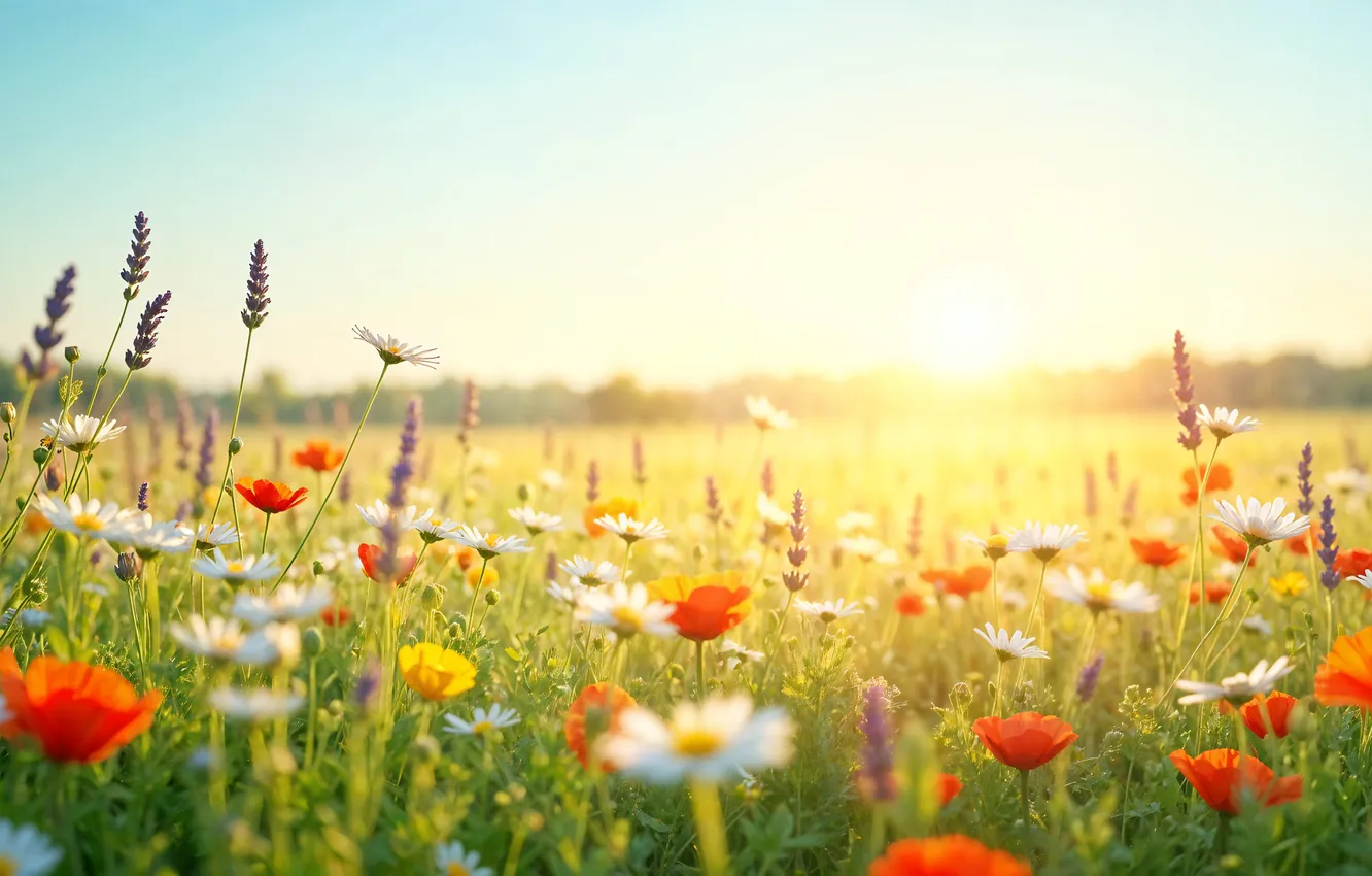 Фото обои цветы, весна, colorful, луг, blossom, flowers, spring, meadow