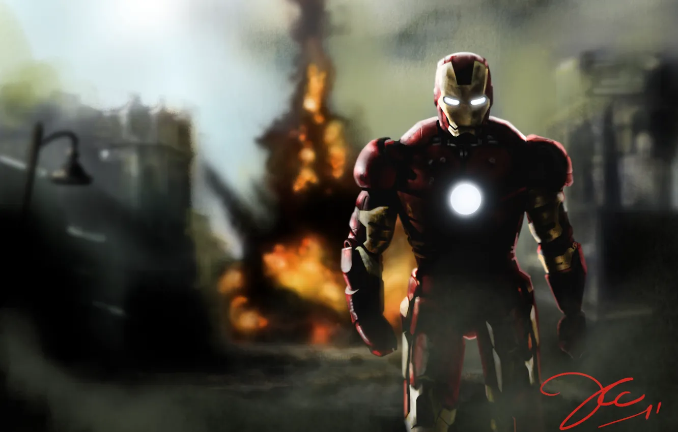 Фото обои взрыв, человек, Железный человек, Iron Man, Роберт Дауни мл