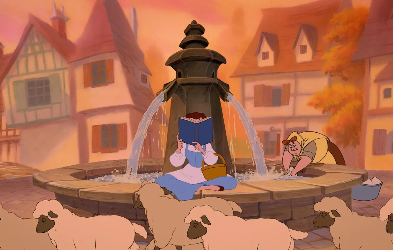 Фото обои village, book, sheep, Beauty and the Beast, Belle, reading, Fountain