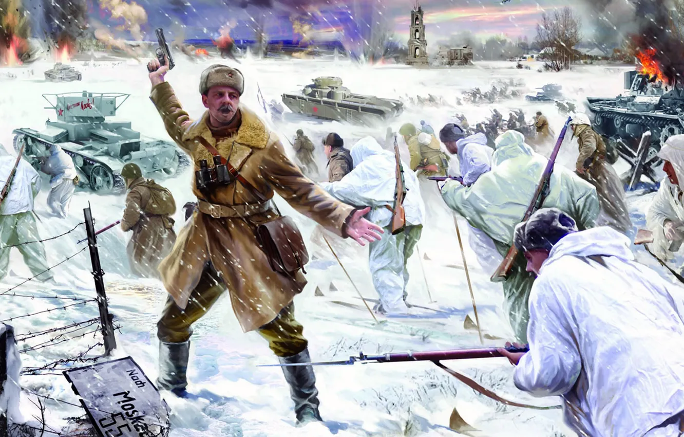 Фото обои зима, война, атака, рисунок, солдаты, танки, Битва за Москву, Советское контрнаступление под Москвой