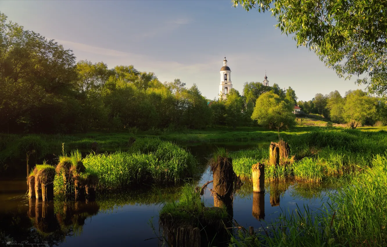 Фото обои лето, деревья, природа, река, утро, церковь, Россия, Богорянов Алексей
