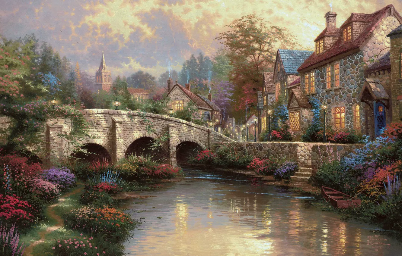 Фото обои мост, дом, река, улица, лодка, дома, живопись, Томас Кинкейд