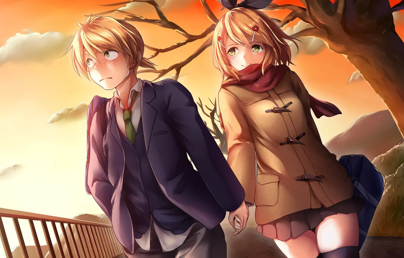 Фото обои романтика, аниме, арт, пара, vocaloid, kagamine rin, kagamine len, смущение