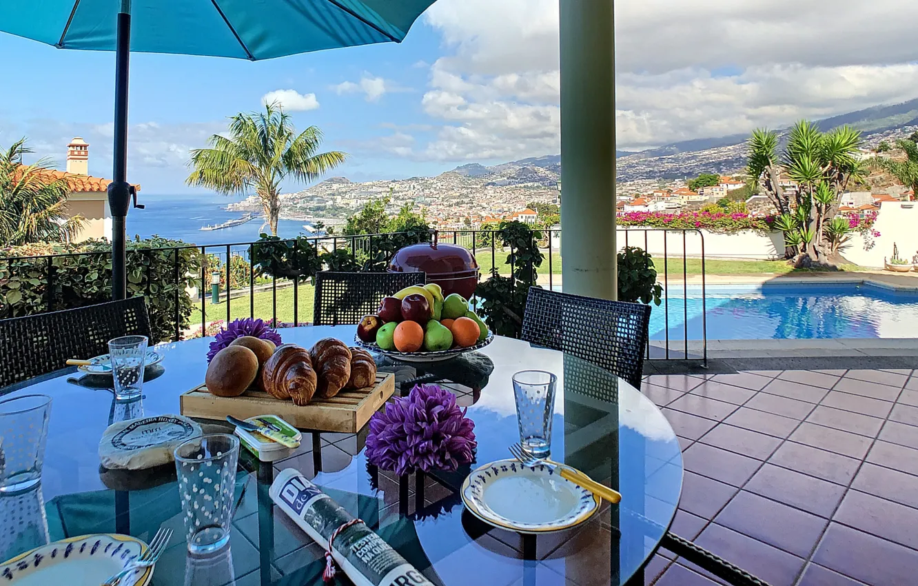 Фото обои море, город, вилла, бассейн, Португалия, терраса, Funchal, villa Vista Sol