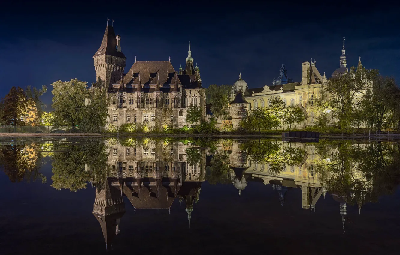 Фото обои ночь, фото, Замок, Будапешт, Вайдахуняд