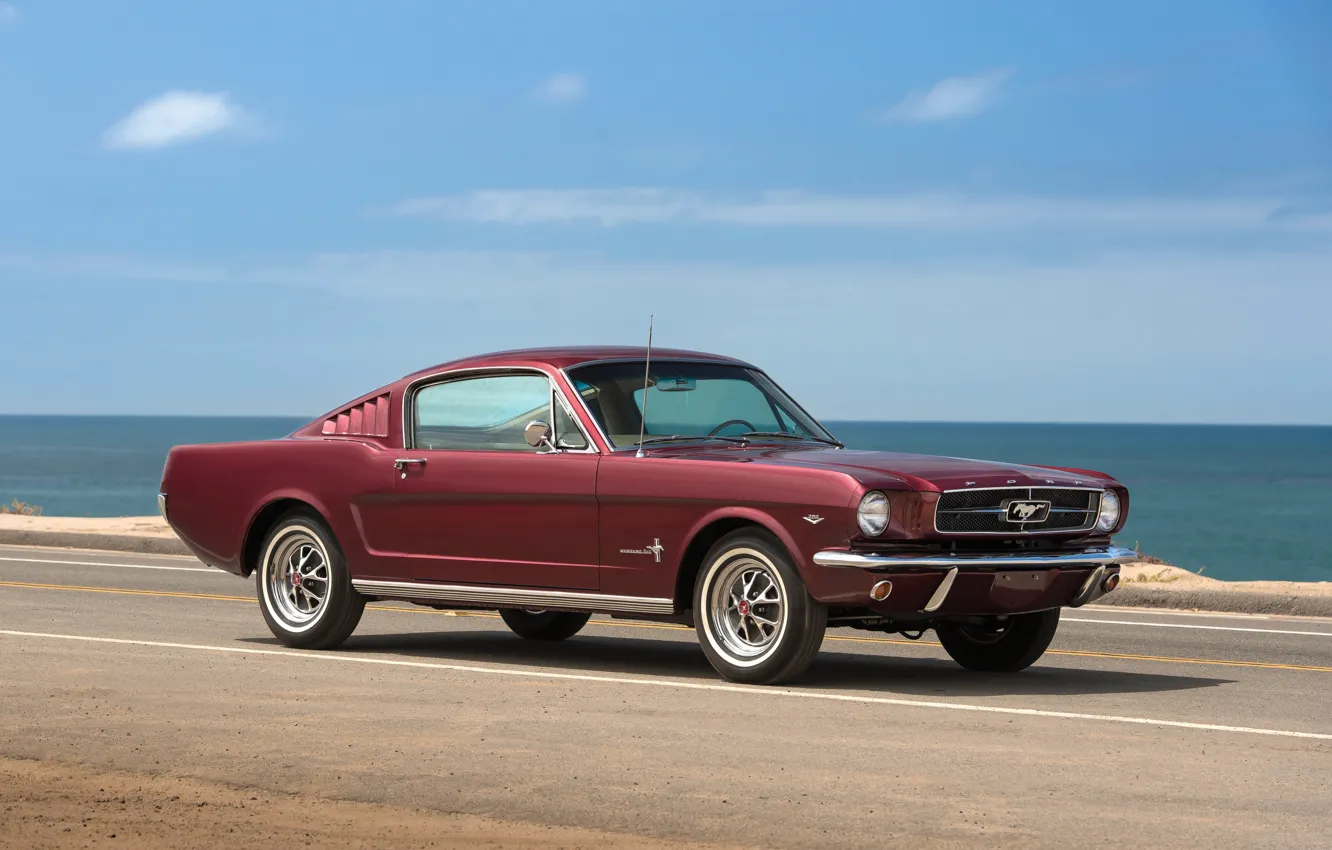 Фото обои дорога, море, ретро, Mustang, Ford, 1965