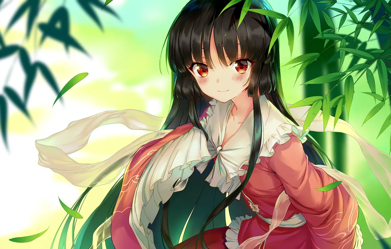 Фото обои листья, девушка, платье, красные глаза, длинные волосы, anime, art, wukloo