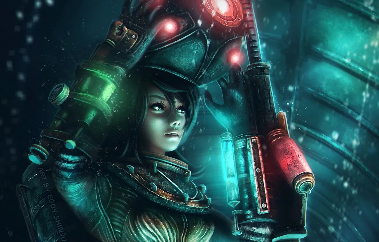 Фото обои девушка, металл, оружие, скафандр, арт, шлем, Bioshock 2