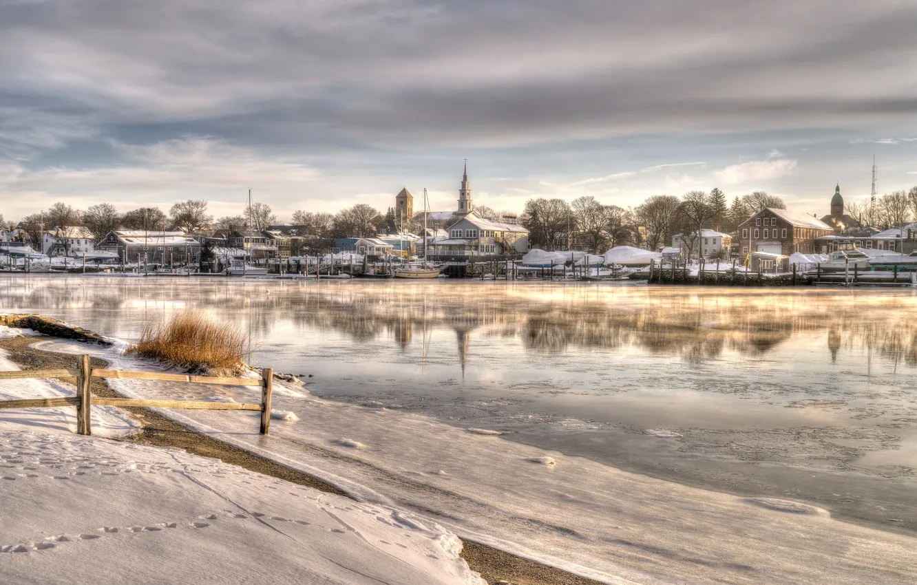 Фото обои Winter, Snow, Morning, Church, Barrington River, Warren Rhode Island, Painterly